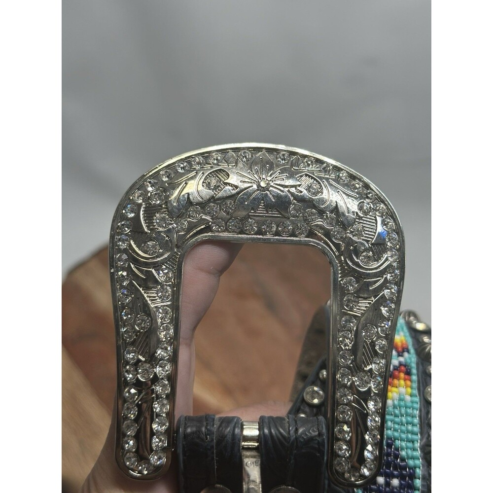 Tooled Leather Studded Silver & Rhinestone Aztec Blazin Roxx Bling Belt Rodeo - Picture 6 of 10